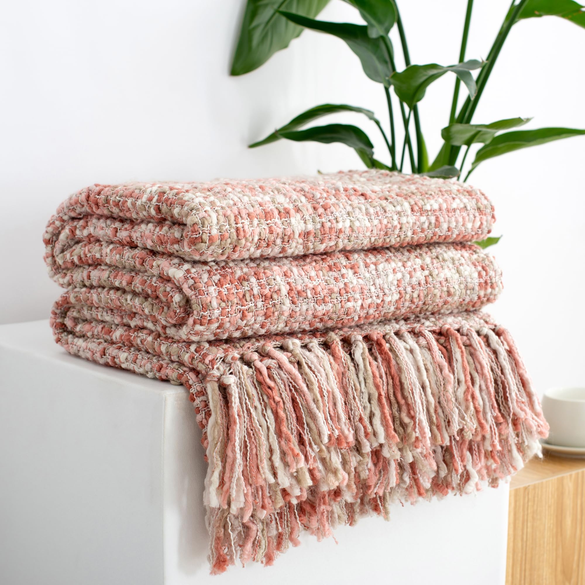 Blush Coastal Cable Knit Throw Blanket with Tassels