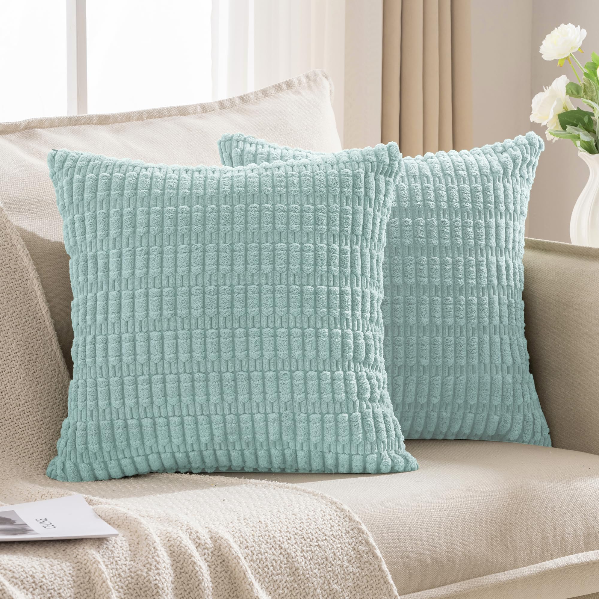 Light Blue Coastal Corduroy Pillow Covers – Soft Textured Farmhouse Accent (Set of 2)