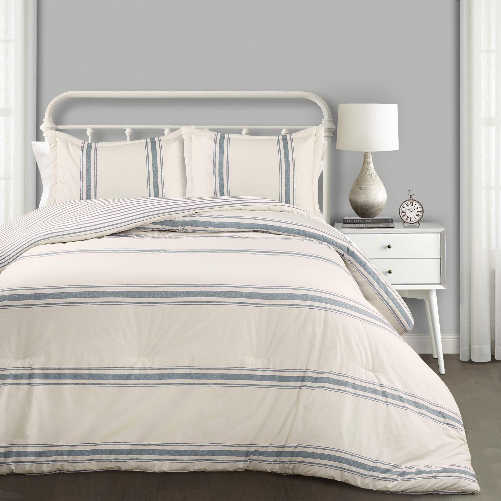 Farmhouse Blue Stripe Cotton Comforter Set – Reversible 3 Piece Bedding (Full/Queen)
