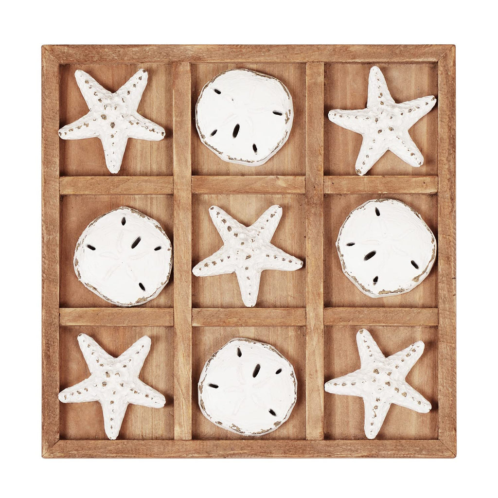 Coastal Starfish & Sand Dollar Tic-Tac-Toe Board – Wooden Beach House Table Game Decor