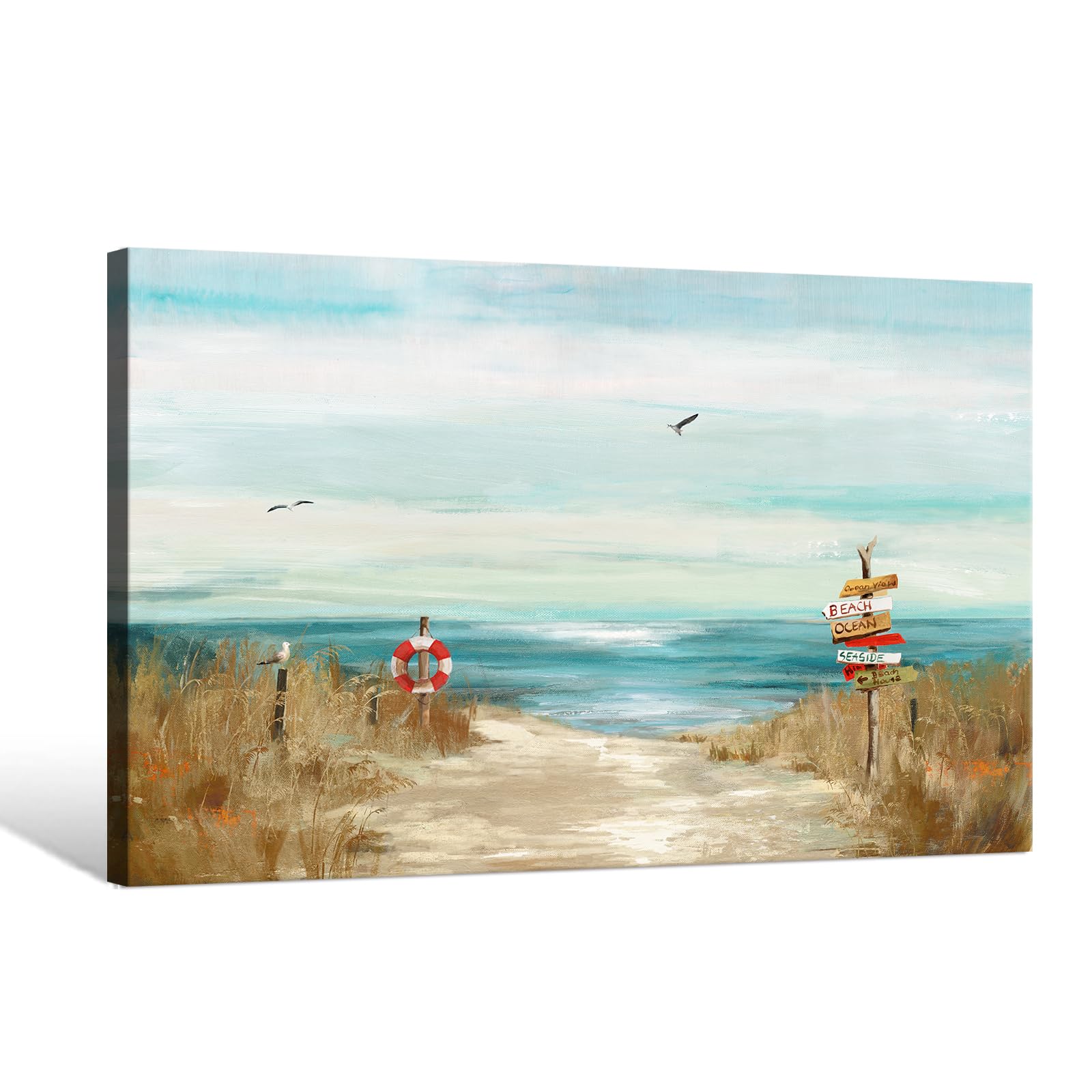 Coastal Beach Path Canvas Wall Art – Ocean Seascape Painting, Nautical Coastal Cottage Wall Decor (36” x 24”)