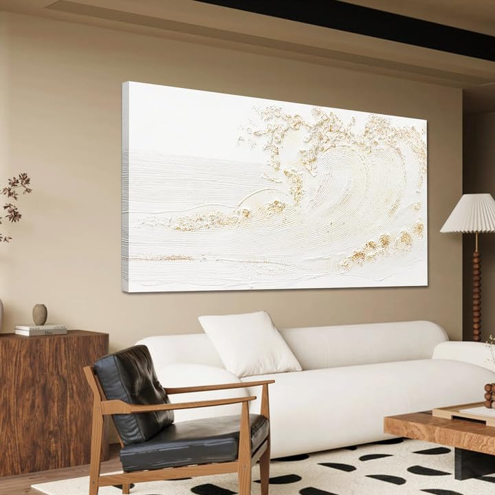 Silent Waves Gold Abstract Canvas Wall Art – Large Neutral Coastal Painting (24x48)