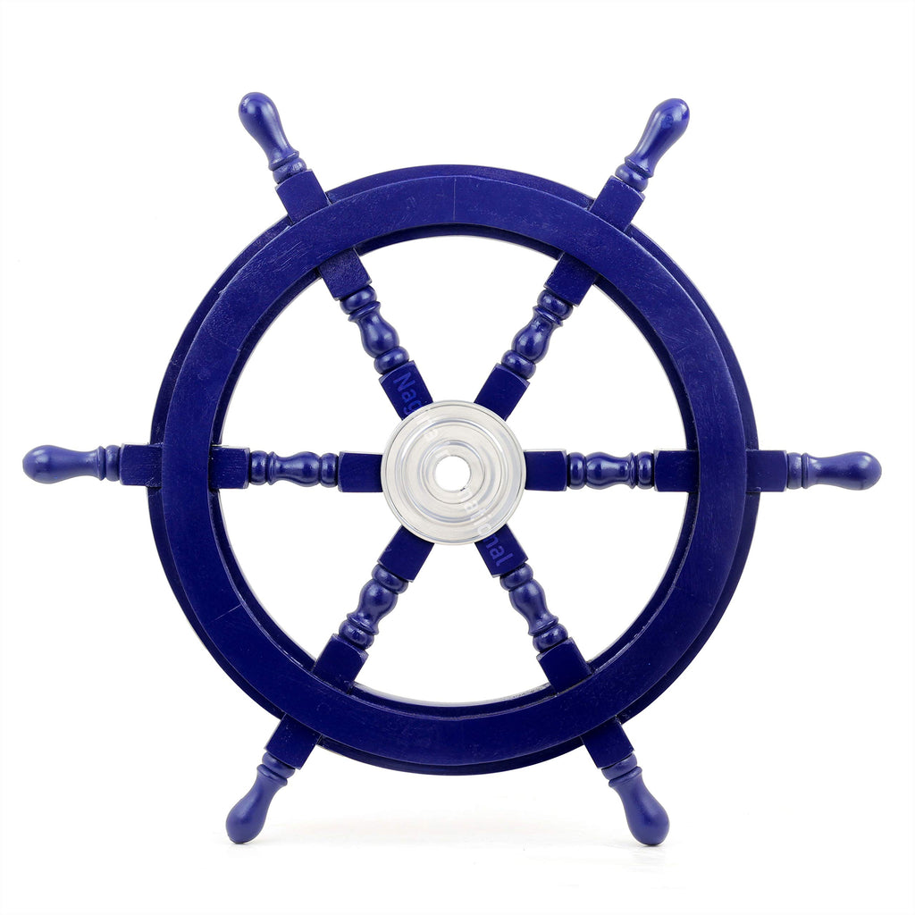 Coastal Navy Wooden Ship Wheel Wall Decor – 24” Nautical Beach House Accent