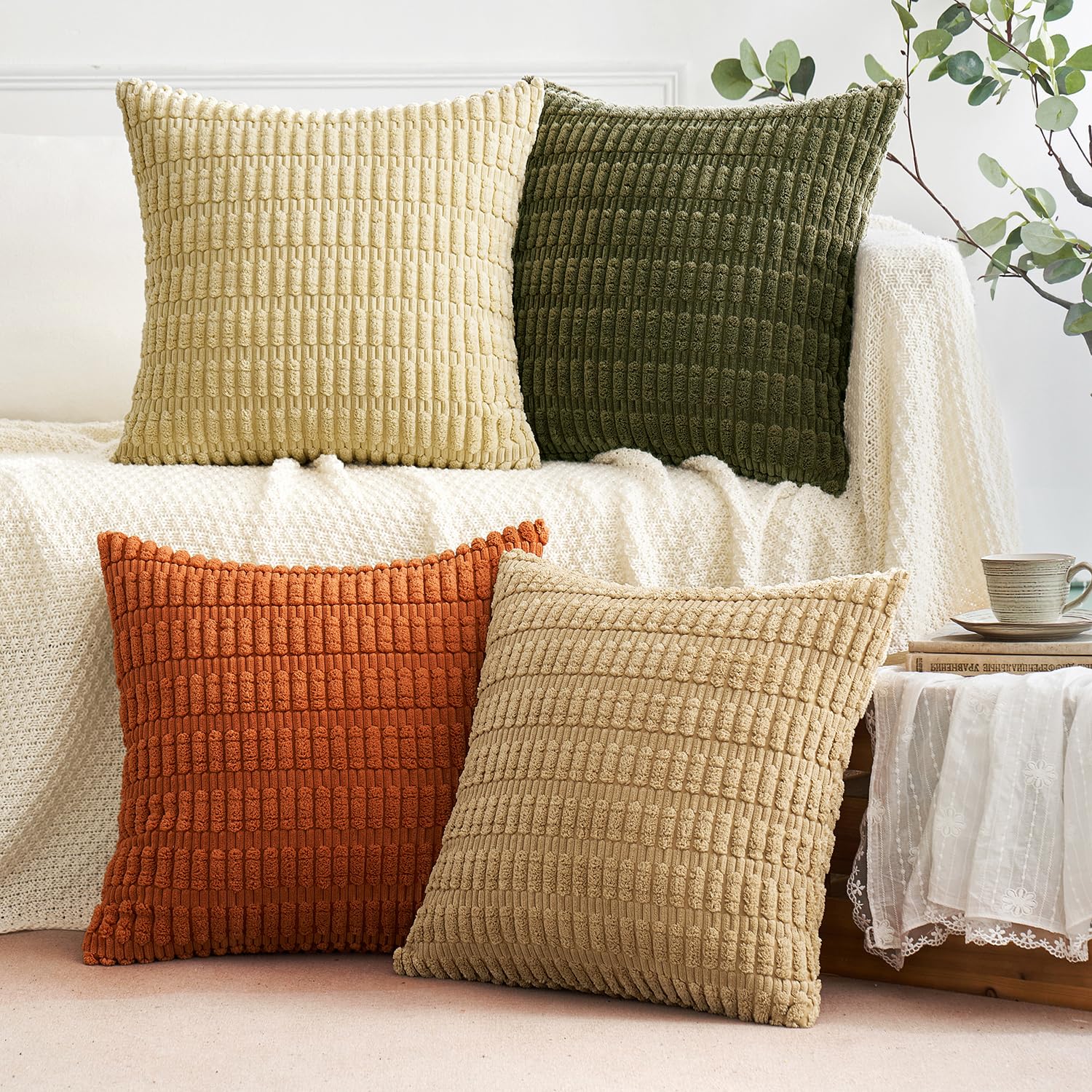 Coastal Corduroy Throw Pillow Covers – Set of 4 Neutral Earth Tone Cushion Covers (18x18) | Soft Textured Farmhouse & Cottage Decor