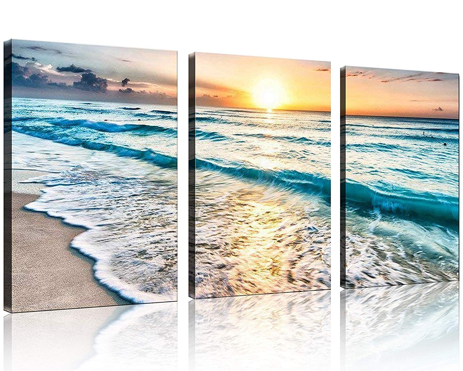 Coastal Sunset Beach Canvas Wall Art – 3 Panel Ocean Seascape Print (Ready to Hang)