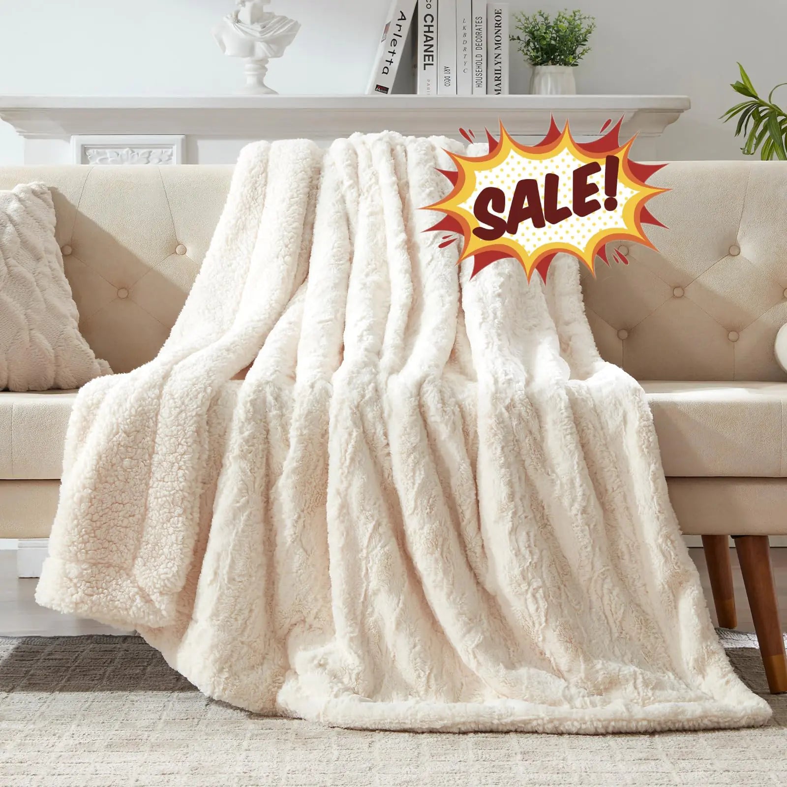 Ultra-Soft Cream Sherpa Throw Blanket – Cozy Faux Fur Coastal Cottage Sofa Throw (50” x 60”)