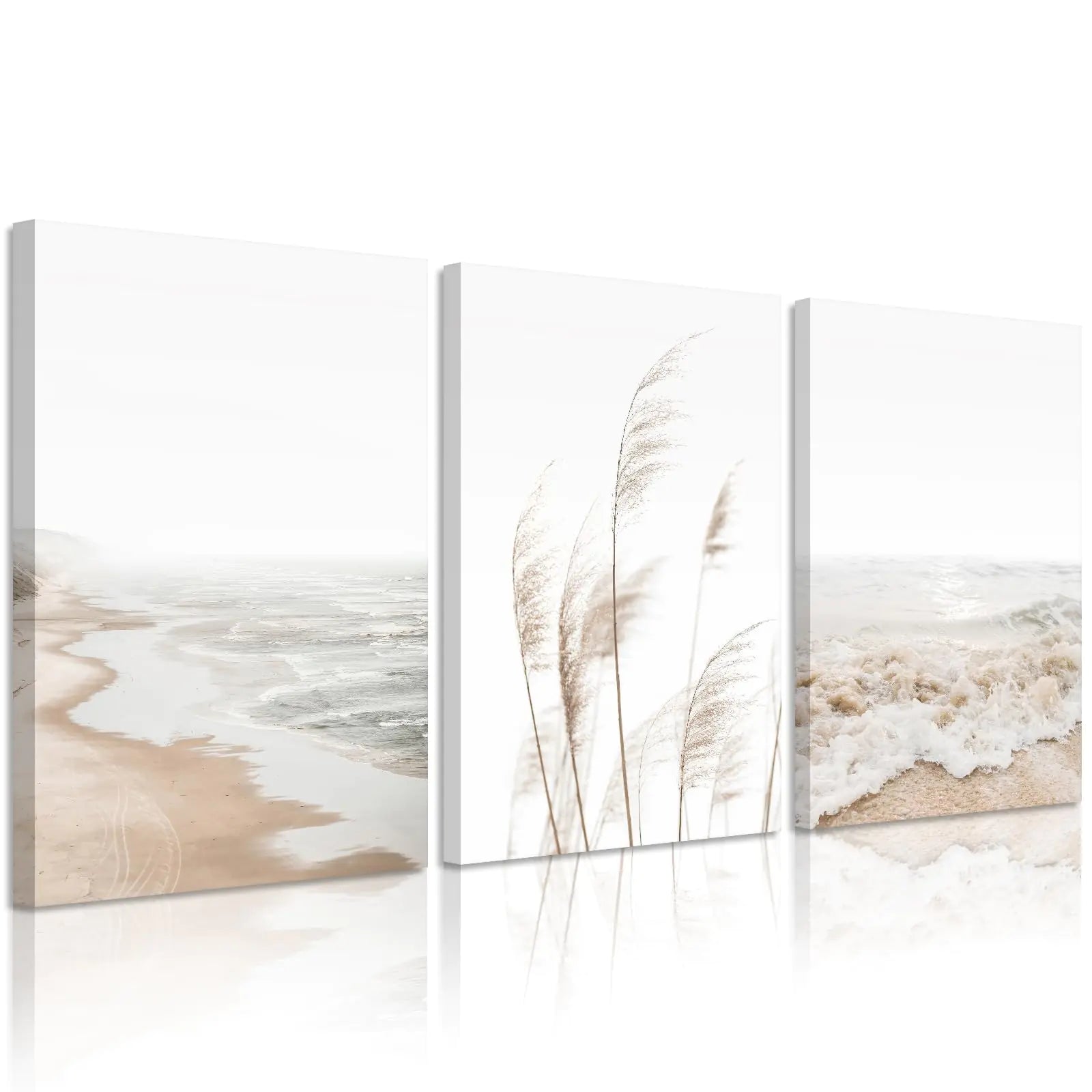 Coastal Boho Beach Canvas Wall Art Set – Neutral Ocean Landscape & Pampas Grass Prints (Set of 3, 24x36)