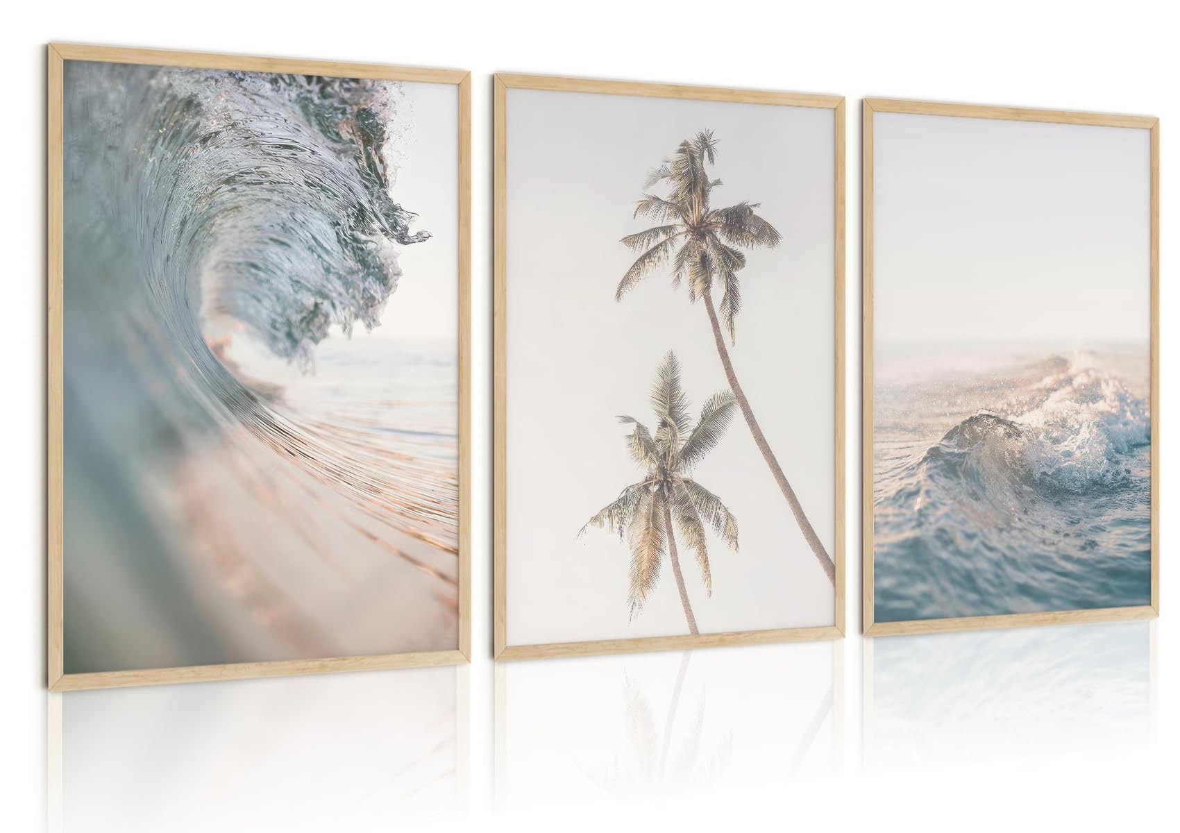 Coastal Palm & Ocean Wave Wall Art Set – Neutral Beach Canvas Prints (12x16, Unframed)