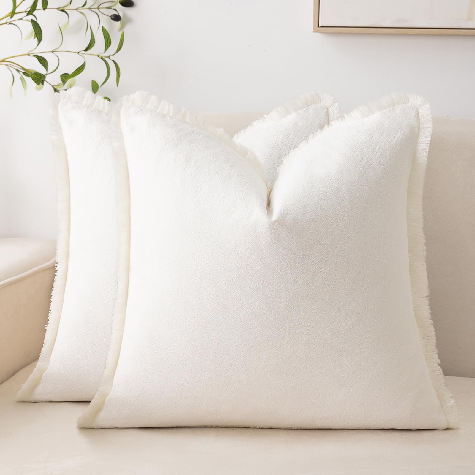 Coastal Linen Fringe Pillow Covers (Set of 2) – 22x22 Neutral Cotton Throw Pillow Covers