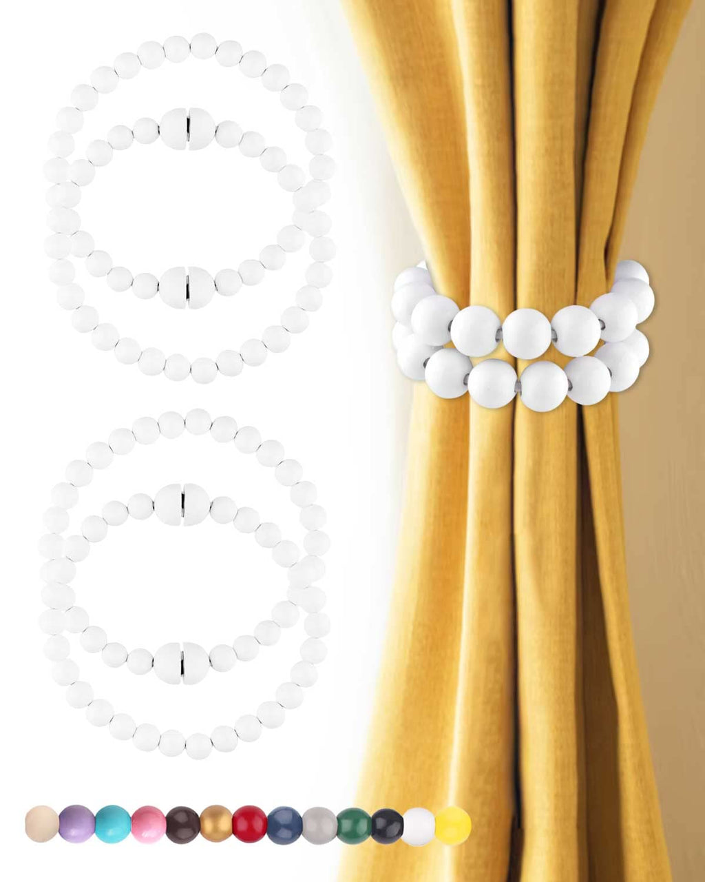 Coastal Wood Bead Magnetic Curtain Tiebacks – Set of 4 Boho Curtain Holdbacks for Drapes