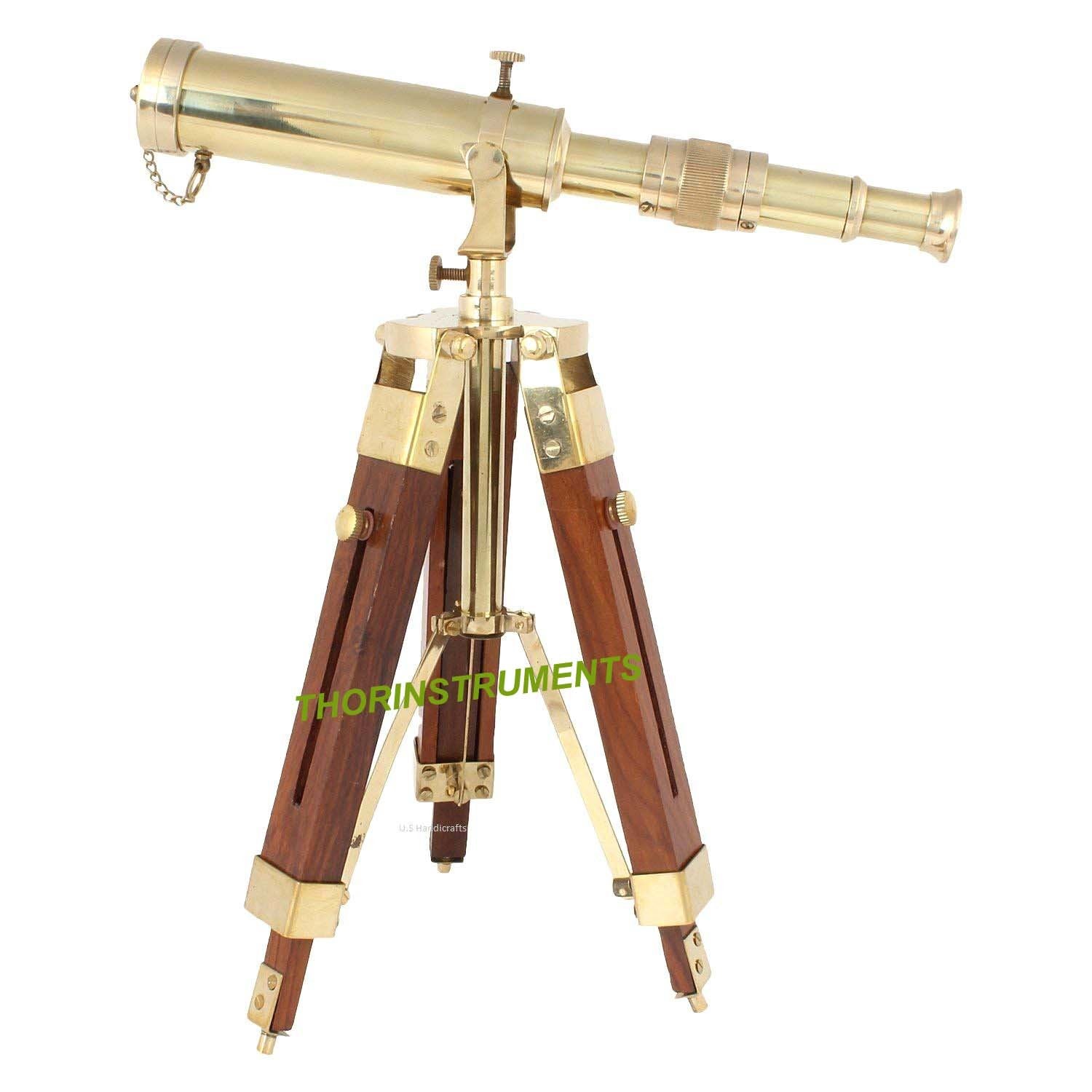 Vintage Brass Nautical Telescope with Wooden Tripod